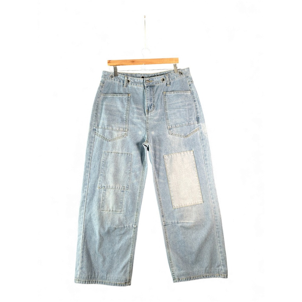 Mens Light Wash Patchwork Denim Jeans Wide Leg Baggy Fit Size XXL
